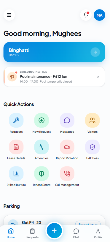 TowerDesk resident app home on Android