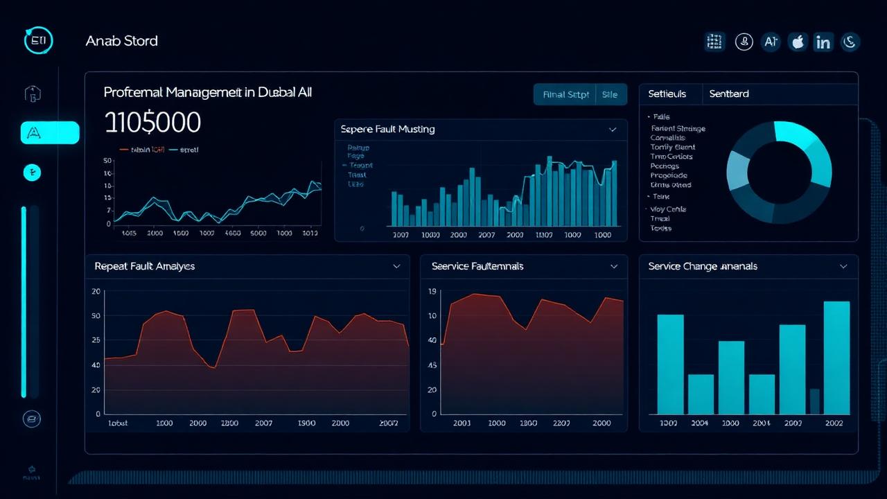 AI dashboard showing Dubai property management analytics — repeat fault clustering, service charge anomalies, tenant sentiment.