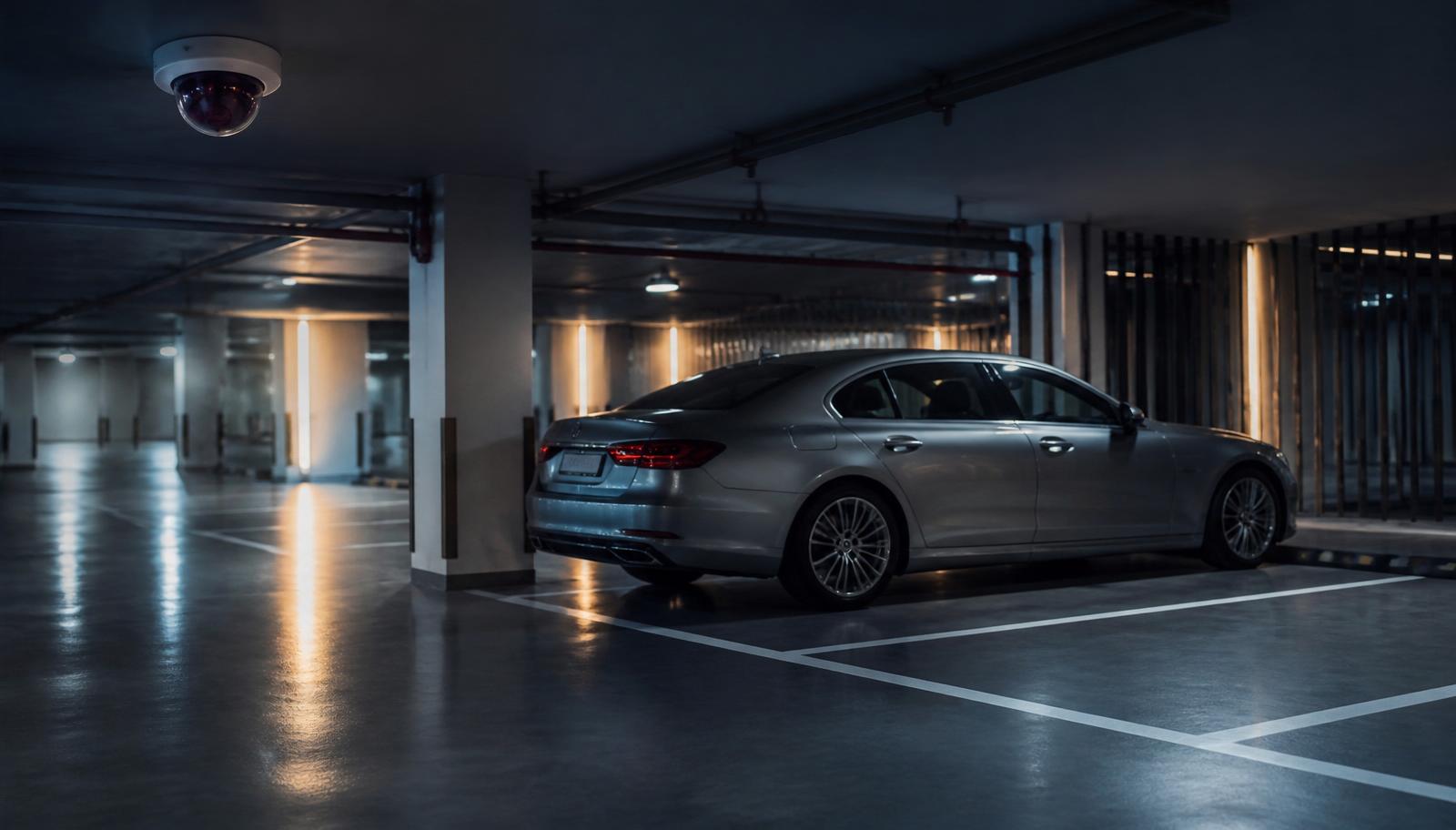 A Dubai basement car park with an AI camera detecting a parking violation — illustrating an AI parking violation detection article.