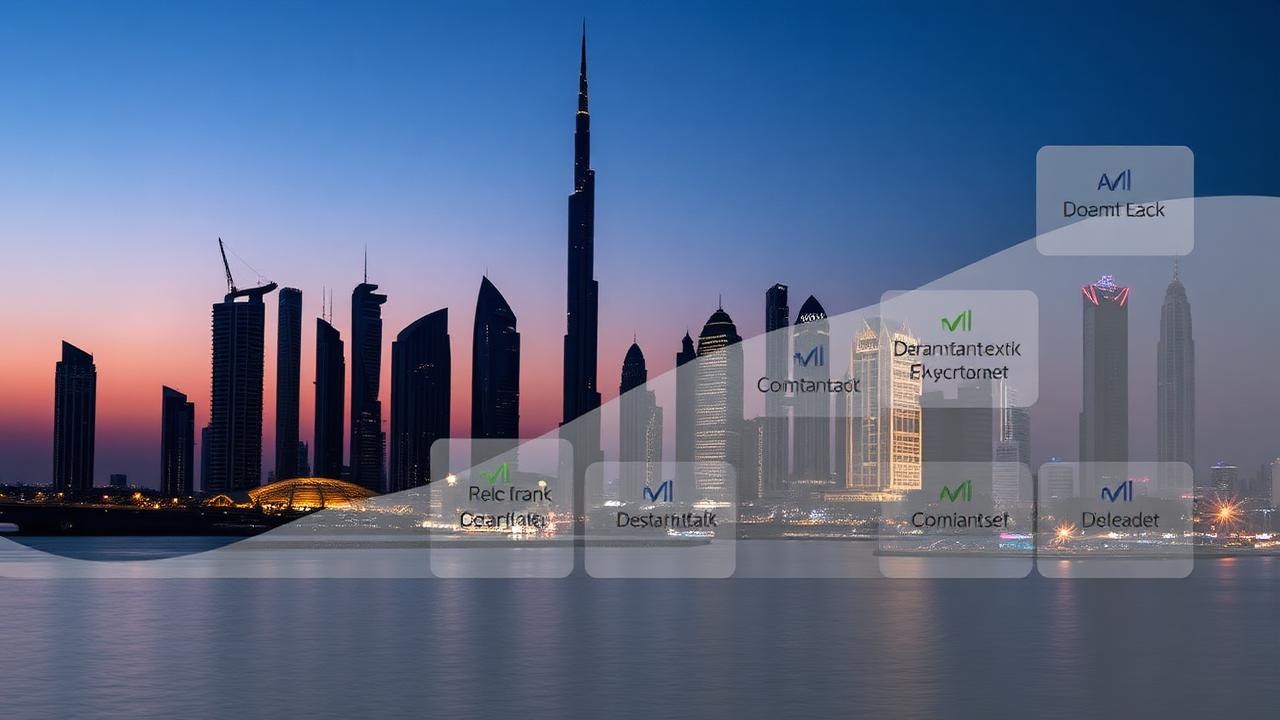Dubai skyline with comparison of best building management software platforms — TowerDesk, Yardi, MRI, Provis, Kingfield.