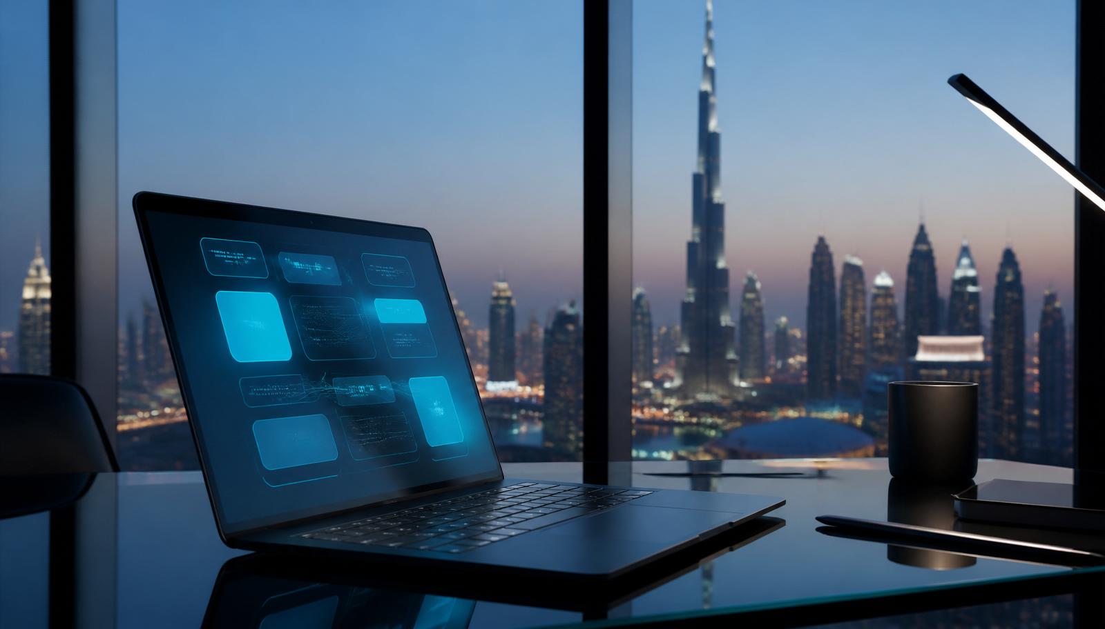 A Dubai tower with a laptop showing a comparison chart of building management software — illustrating a 2026 buyer's comparison article.