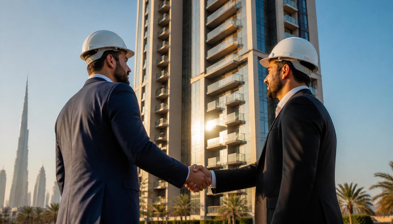 A Dubai developer handing over building keys and documents to an OA board in a modern boardroom — illustrating a developer-to-OA handover playbook.