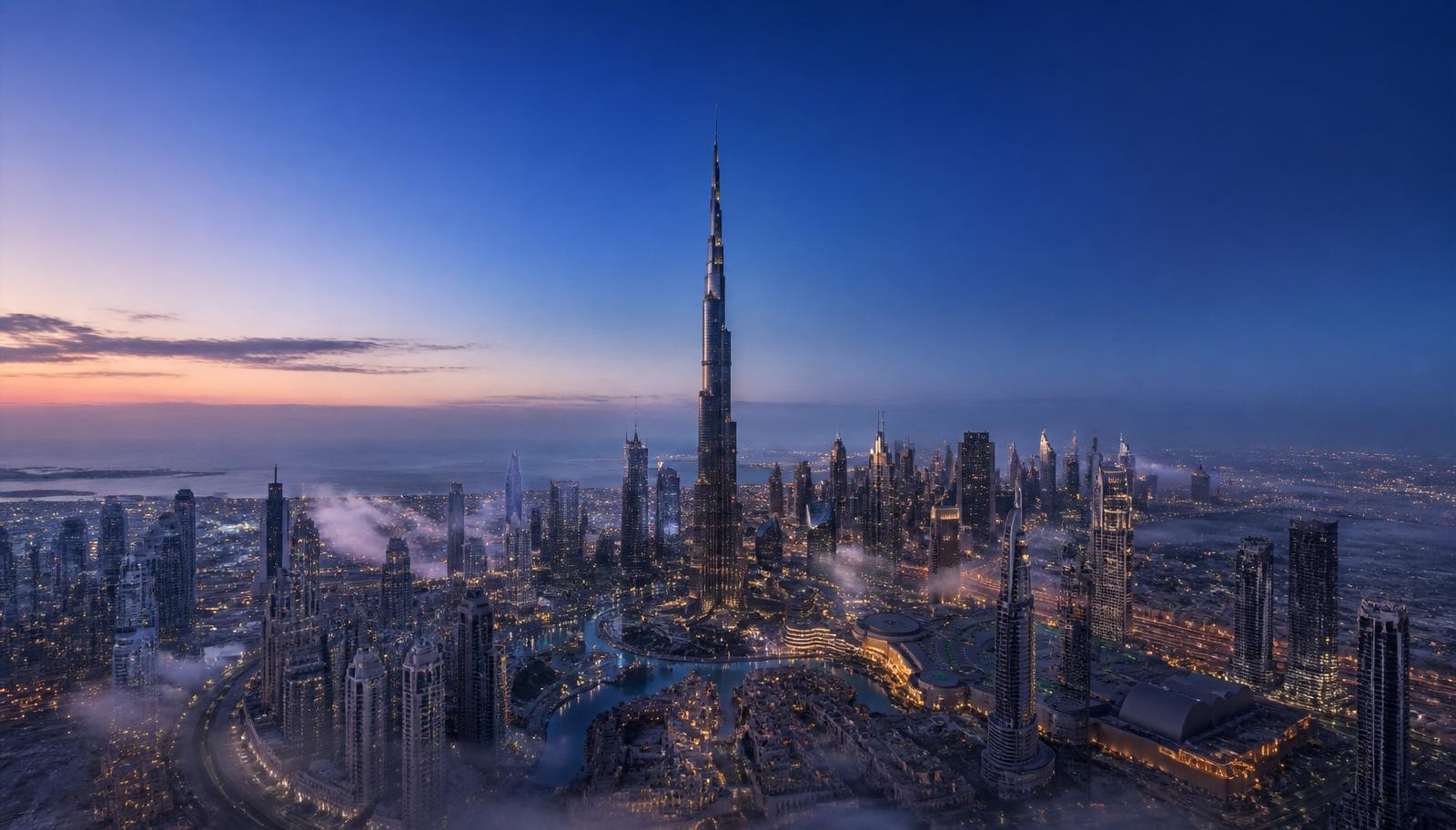 A visual market map of Dubai proptech categories on a large monitor with a Dubai skyline visible — illustrating a Dubai proptech landscape article.