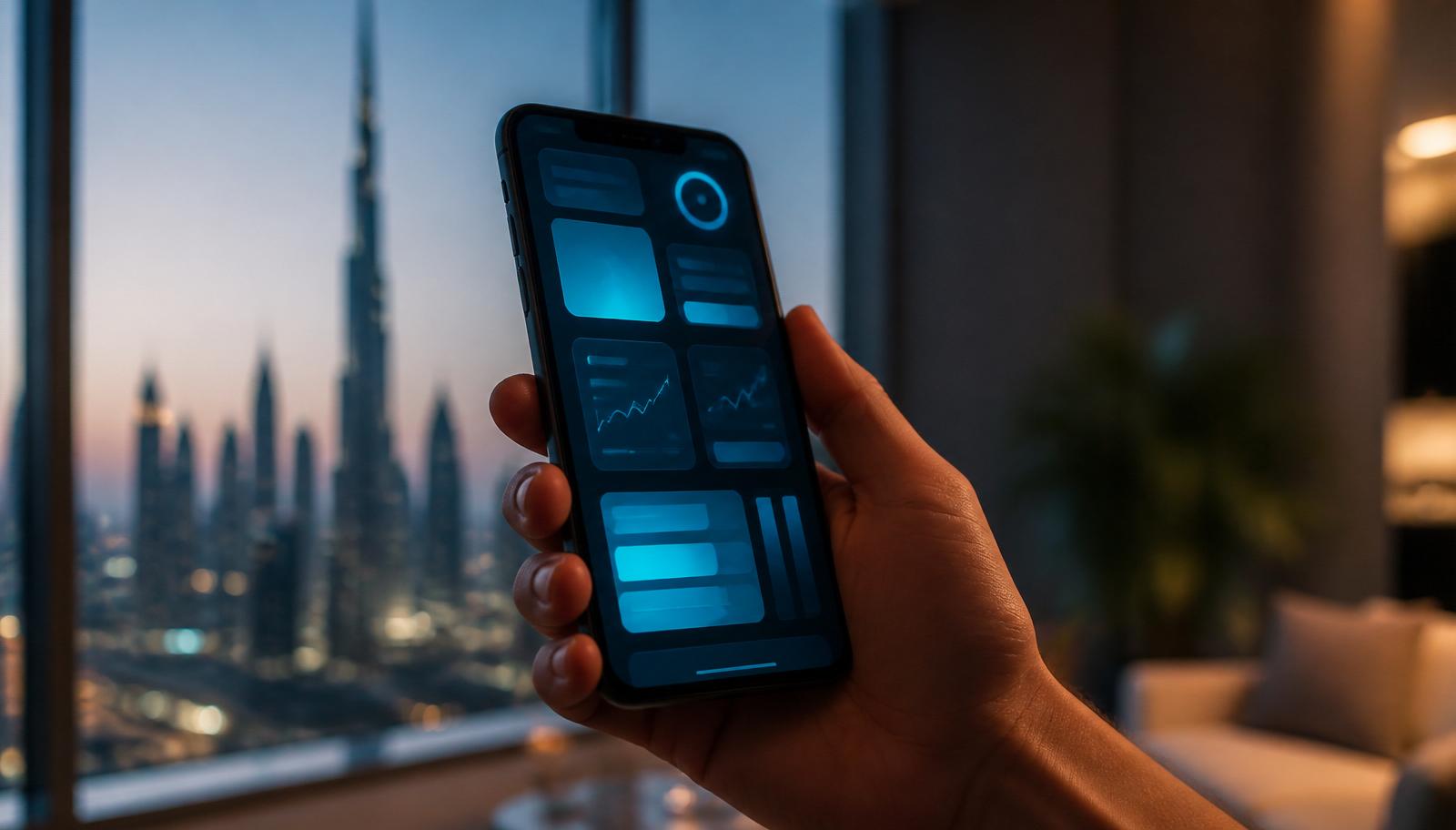 A Dubai property owner using the Dubai REST app on a smartphone with the Downtown skyline visible — illustrating a REST app walkthrough.