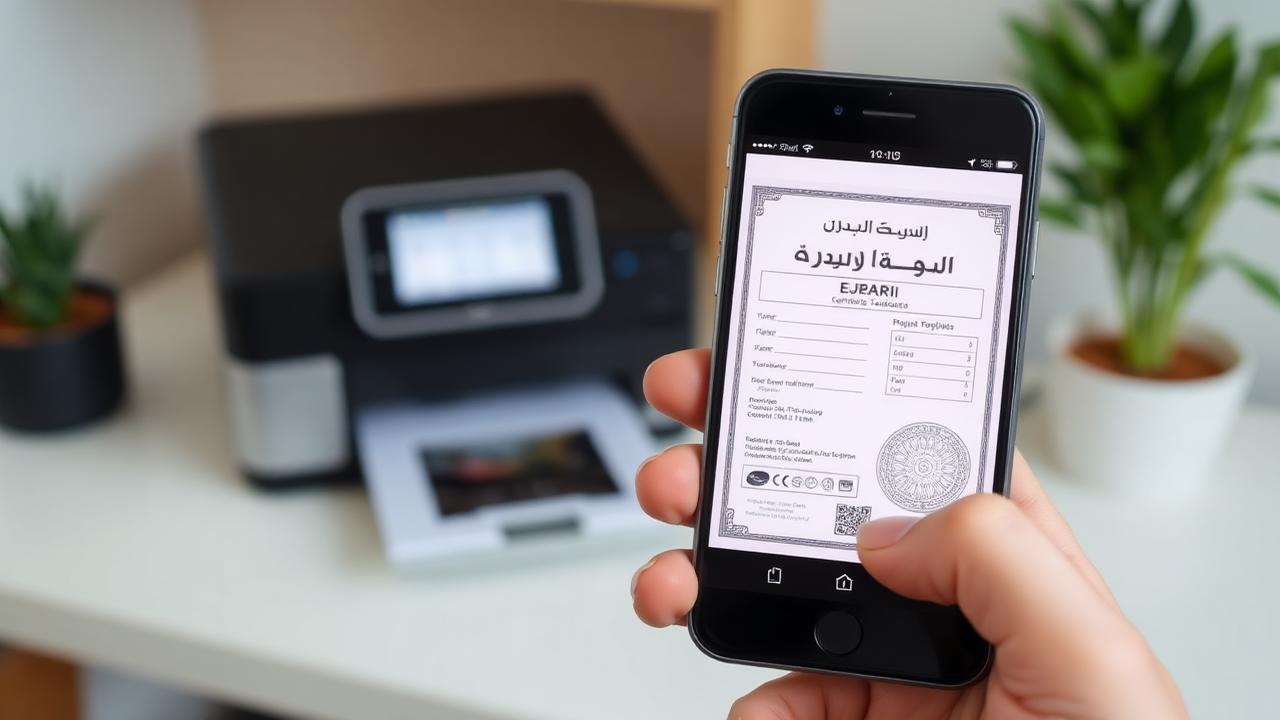Dubai tenant downloading and printing Ejari certificate on smartphone with printer in the background.