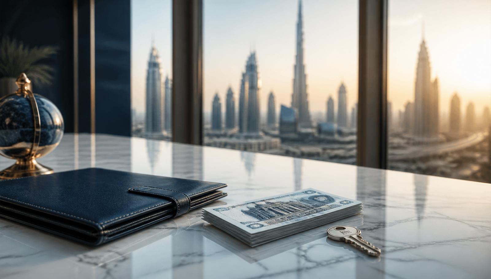 Dubai skyline with a smartphone showing an Ejari registration confirmation screen — illustrating an Ejari fees article.