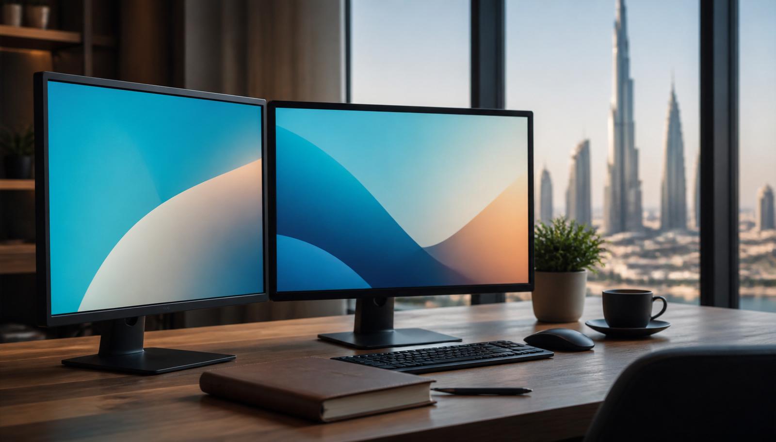 A Dubai broker's desk with Elate and TowerDesk dashboards on side-by-side monitors — illustrating an Elate vs TowerDesk article.
