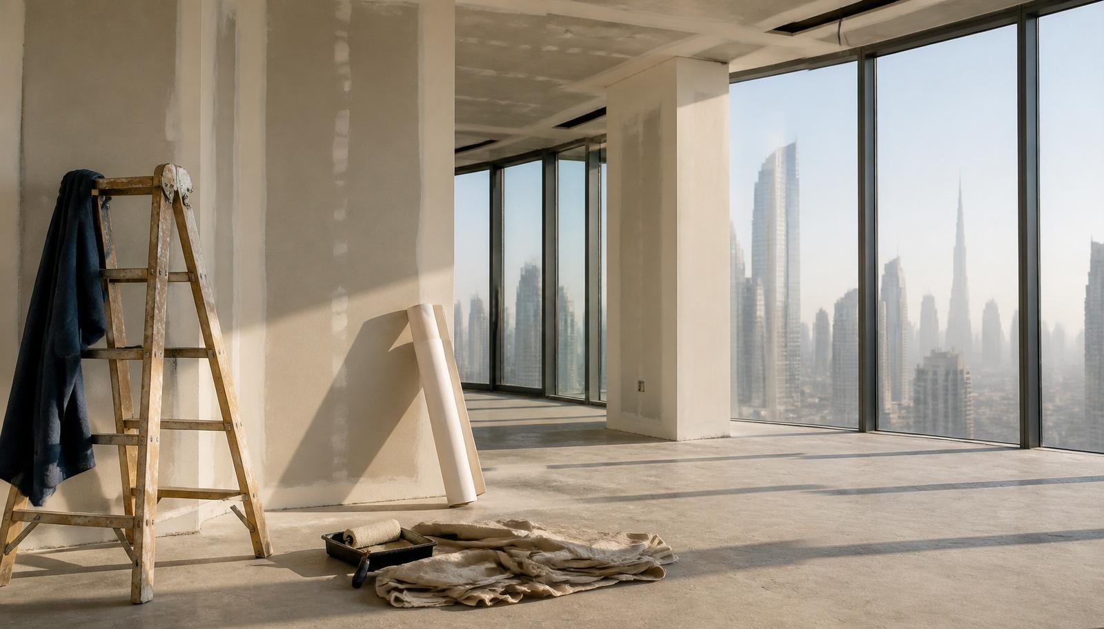 A Dubai apartment mid fit-out with contractors and a laminated NOC displayed on the wall — illustrating a fit-out approvals article.