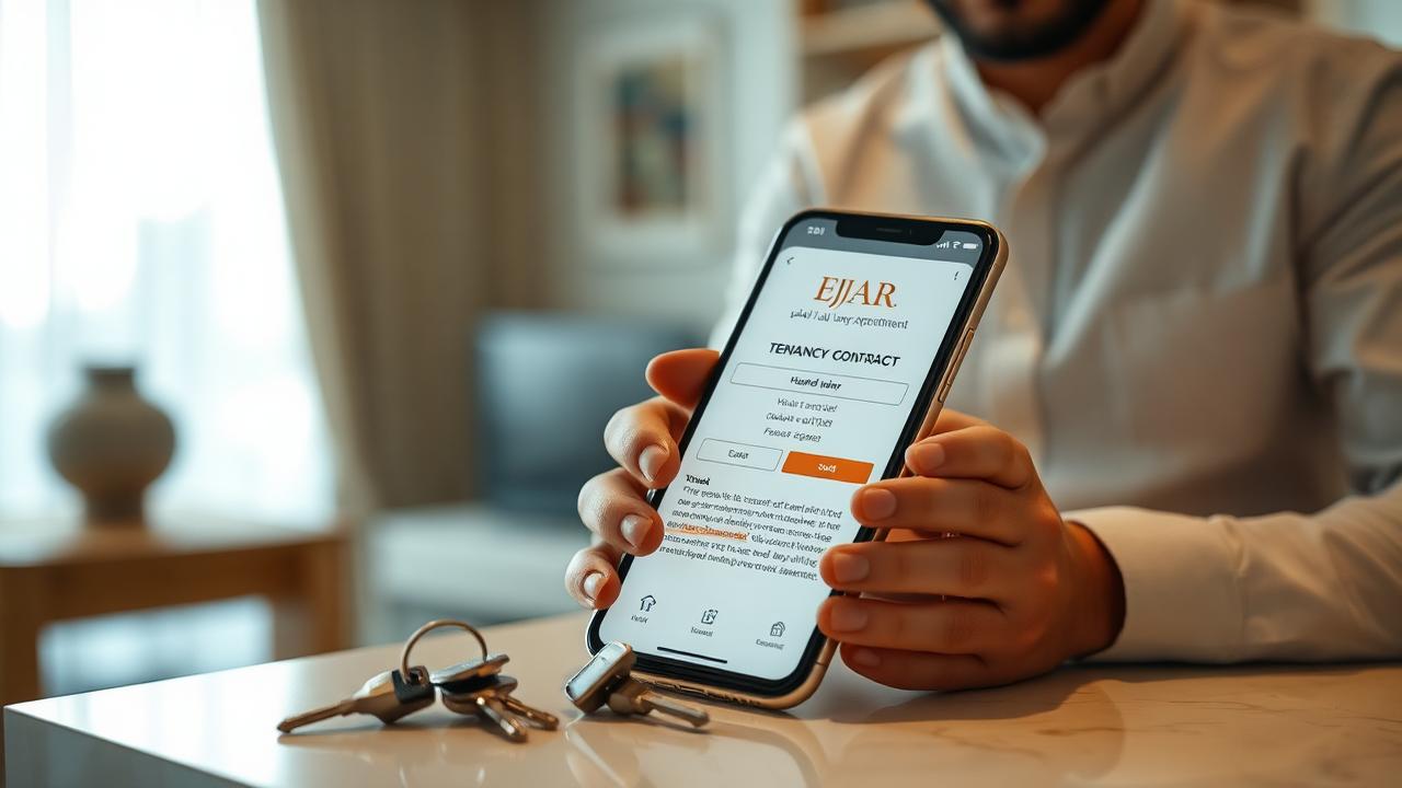 Tenant cancelling Ejari tenancy contract on smartphone at the moment of Dubai apartment handover with keys on the counter.