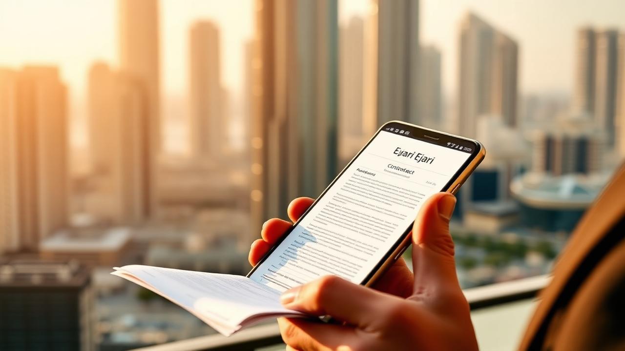 Tenant reviewing an Ejari tenancy contract on the Dubai REST app on a smartphone with Downtown Dubai skyline in the background.
