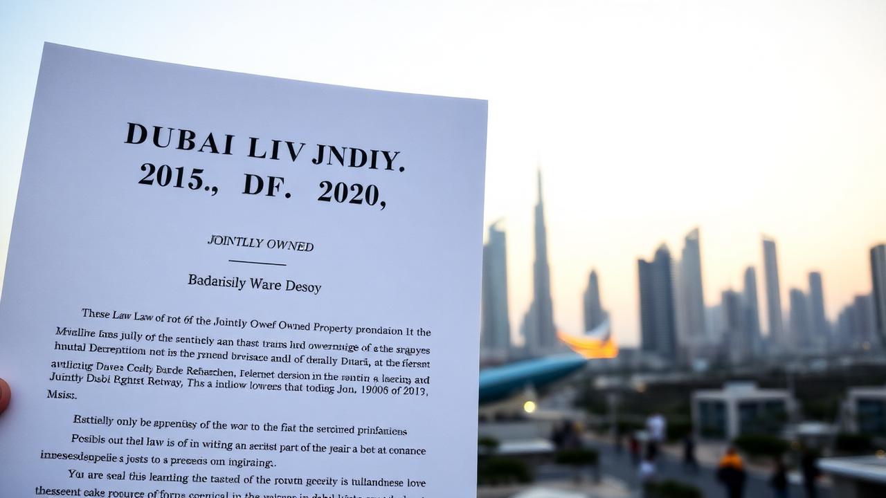 Legal document showing Dubai Law No. 6 of 2019 on Jointly Owned Property with a Downtown Dubai skyline in the background.