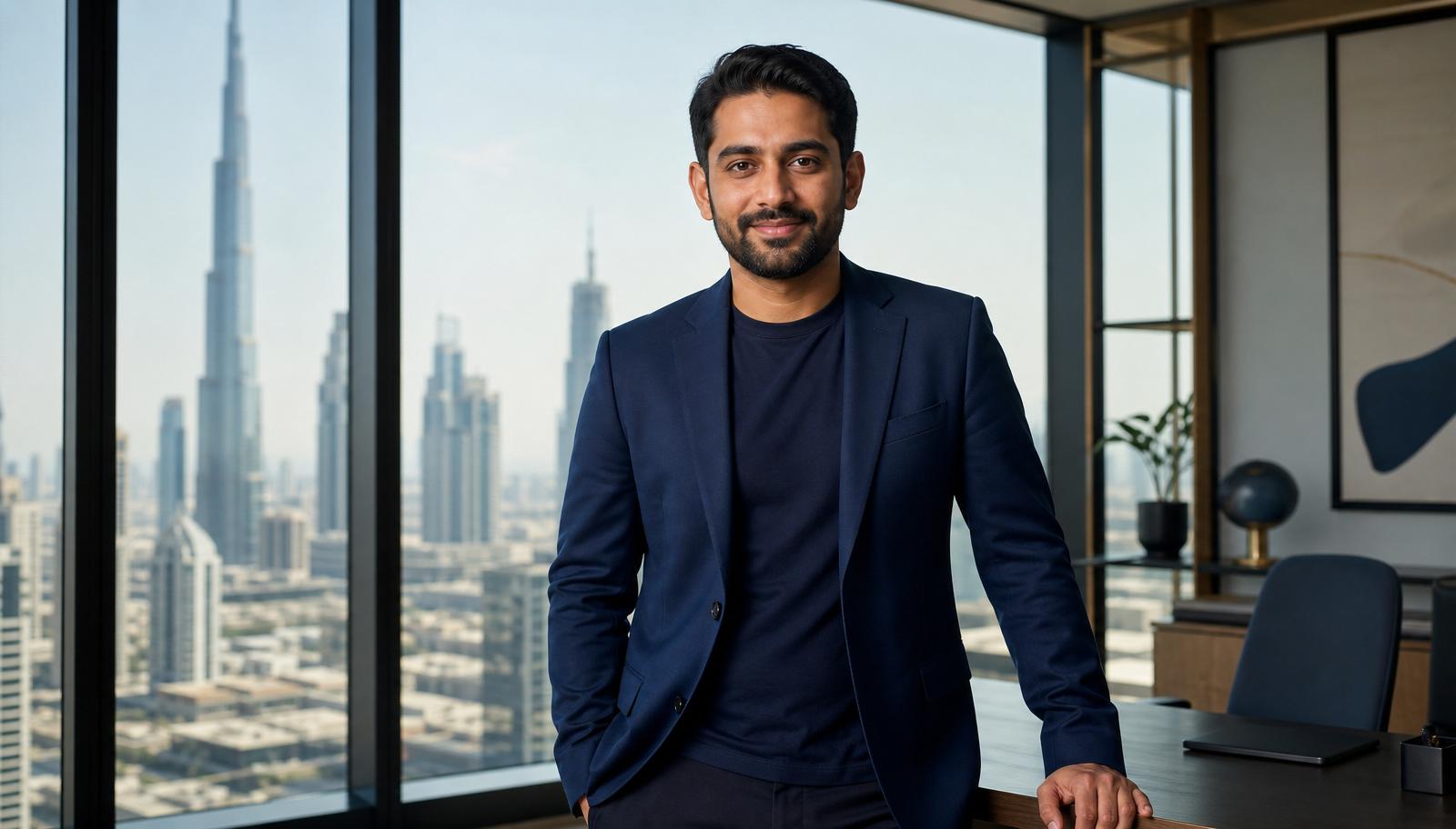Portrait context of Mughees Ahmad, Founder & CEO of TowerDesk, with a Dubai skyline in the background — illustrating a founder profile article.