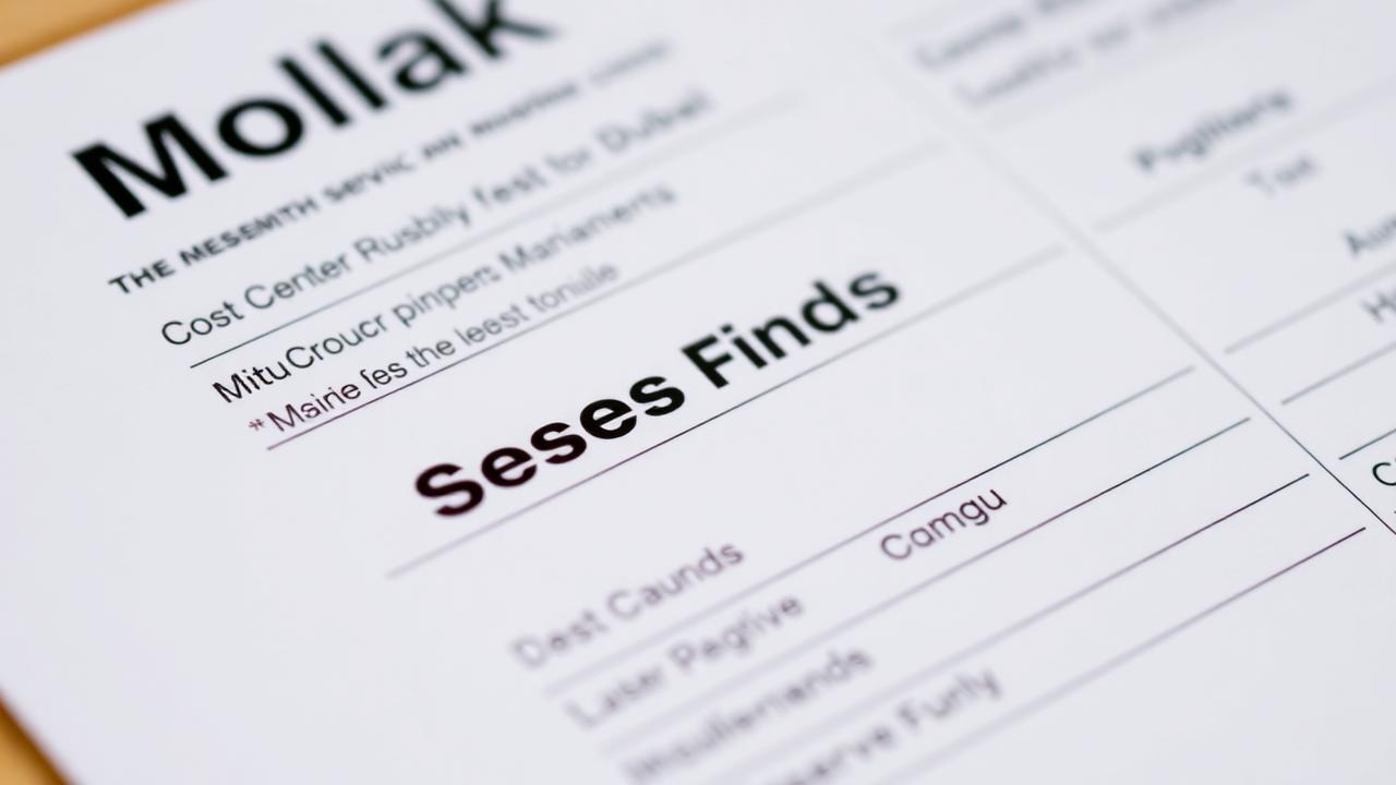 Close-up of a Mollak service charge invoice for a Dubai apartment showing cost centres and reserve fund line items.