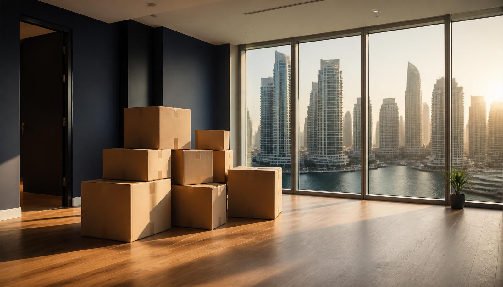 A Dubai apartment interior on move-in day with boxes and keys on the counter, Downtown skyline through the window — illustrating an article on total move-in cost.