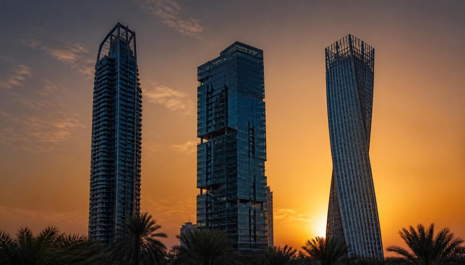 Aerial view of Palm Jumeirah, Downtown Dubai, and City Walk in a triptych — illustrating an article comparing Nakheel, Emaar, and Meraas service charges.