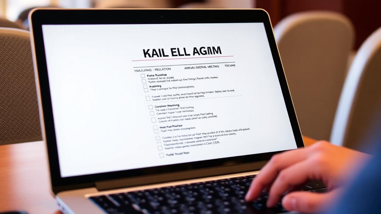 Dubai Owners Association AGM checklist and agenda on a laptop screen during an annual general meeting preparation.