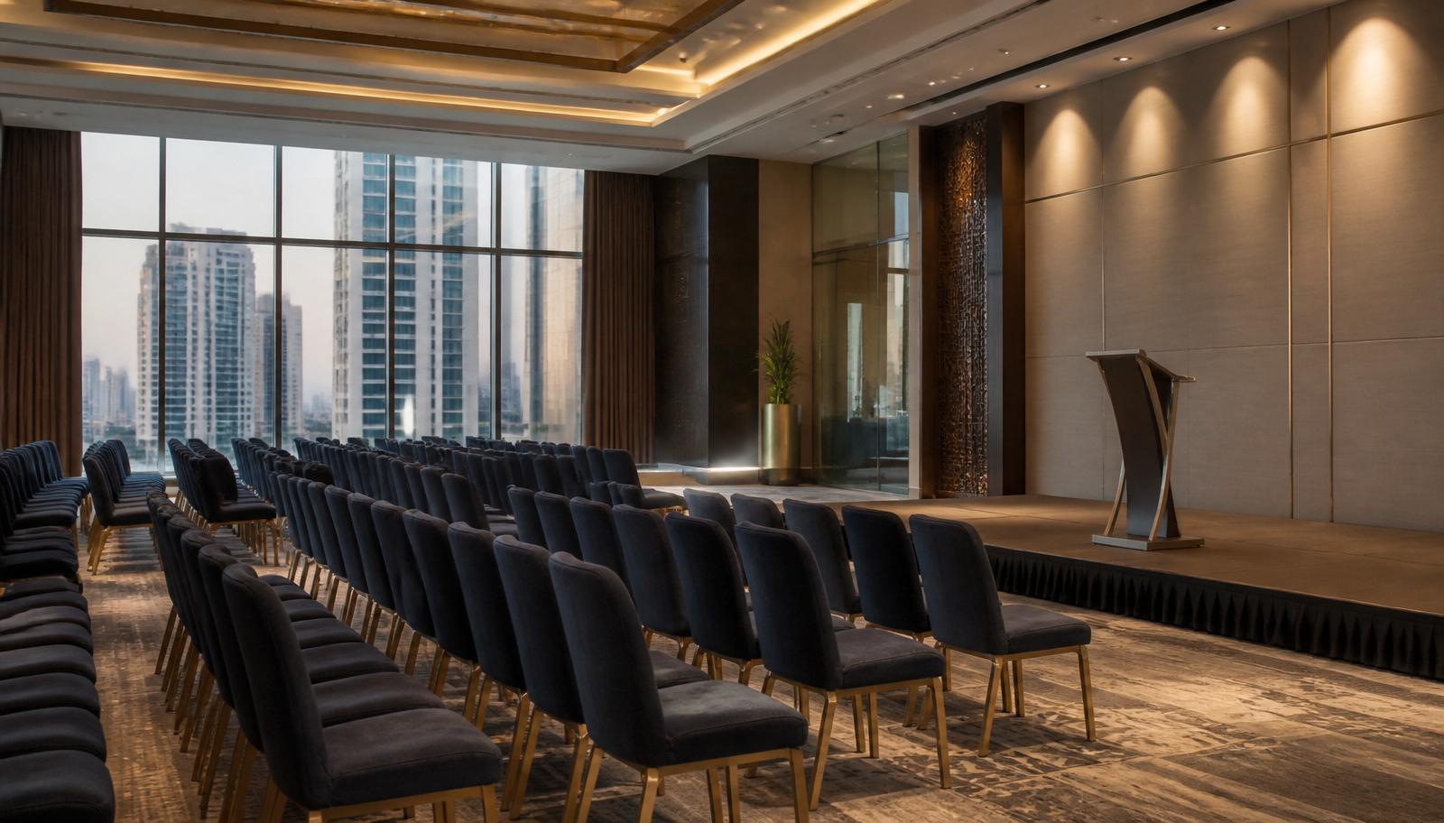 A Dubai OA AGM in progress in a modern meeting room with owners voting — illustrating an article on OA AGM quorum and voting.