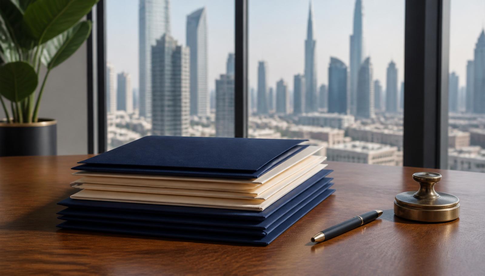 An OA manager reviewing a Mollak compliance checklist on a laptop with a Dubai tower visible — illustrating a Mollak-compliant OA software checklist article.