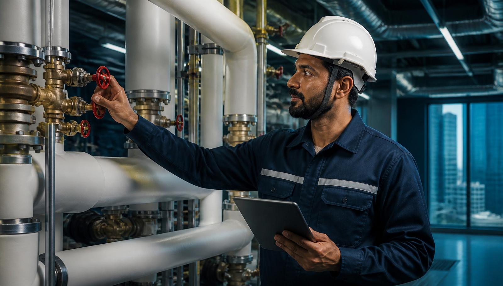 A Dubai MEP technician team in a plant room reviewing a work-order tablet — illustrating an MEP vendor onboarding playbook.