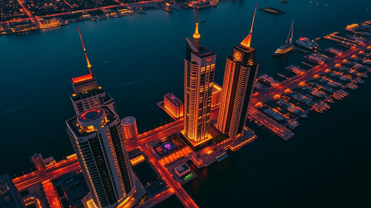 Aerial twilight view of Dubai Marina towers with warm gold and deep navy tones — illustrating a Dubai service-charge and property-finance article.