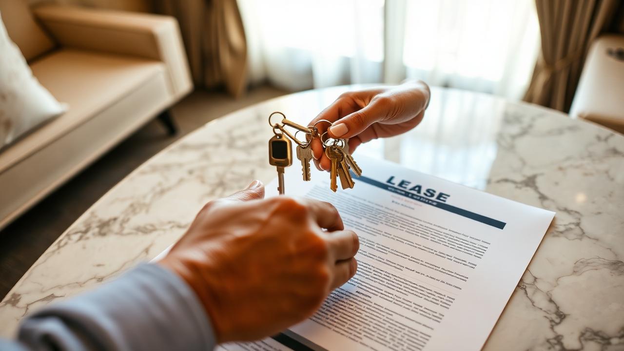 Close-up of a hand exchanging brass apartment keys over a lease document on a marble table in a warmly-lit Dubai apartment — illustrating the split of responsibilities between landlord and tenant in the UAE.