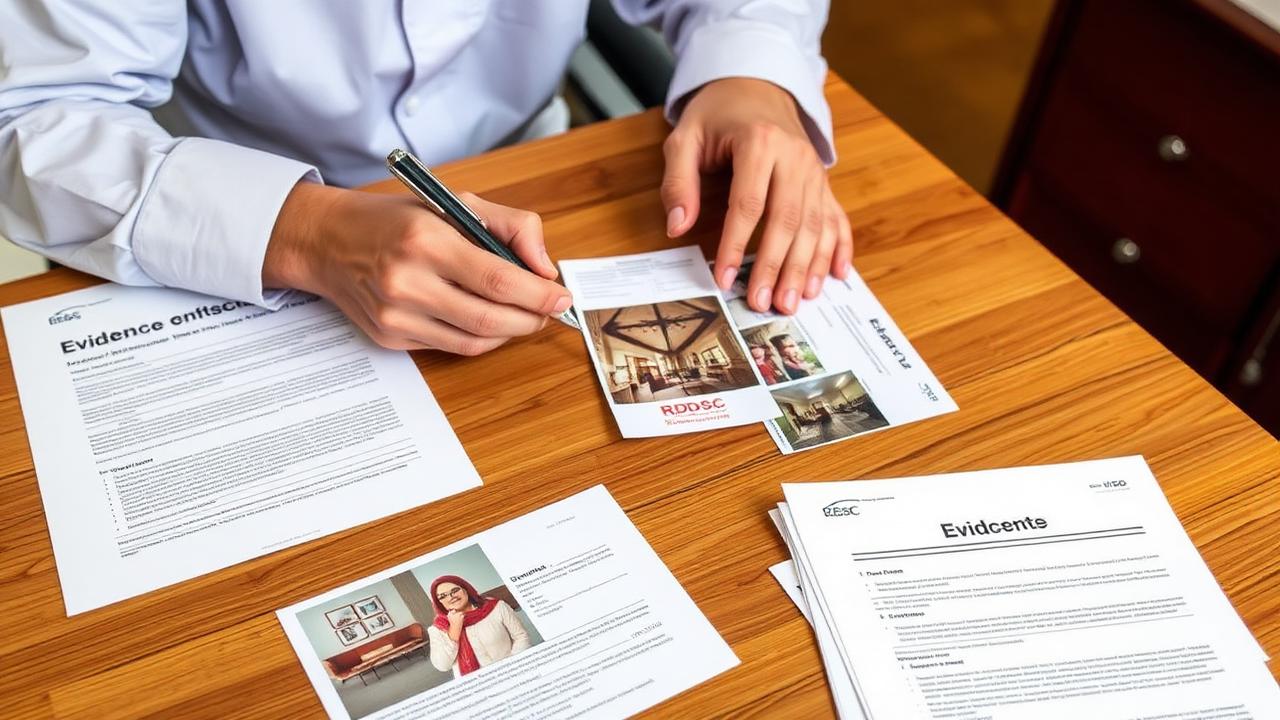 Dubai tenant preparing evidence pack for a Rental Dispute Settlement Centre (RDSC) hearing with tenancy contract and photos.