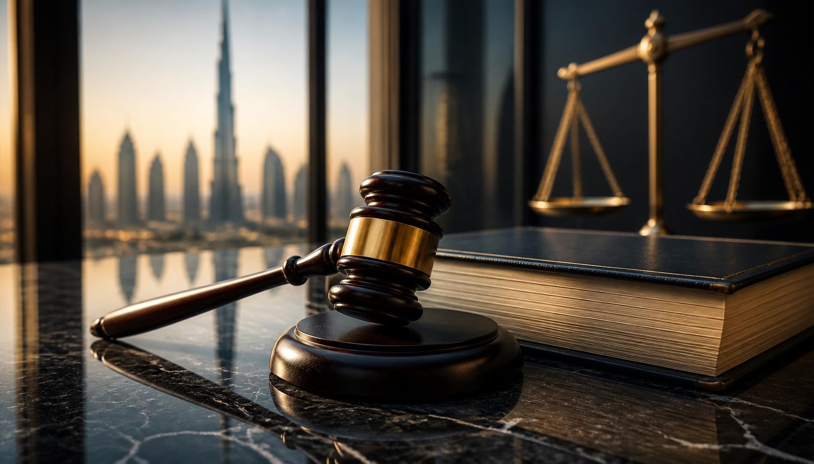 A Dubai courthouse-style building with law books and a Dubai skyline in the background — illustrating an article on Dubai tenant law Decree 26 and 43.