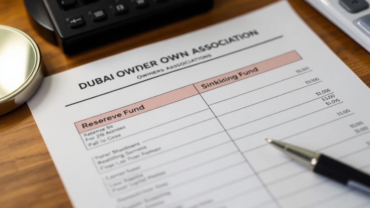 Dubai OA financial statement showing reserve fund and sinking fund allocation for building capital expenditures.