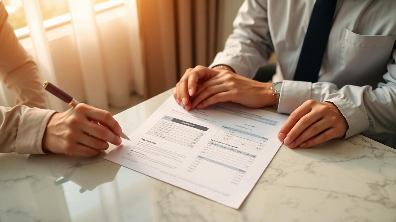 Dubai tenant reviewing security deposit refund breakdown with landlord over a signed handover form on a marble console table.