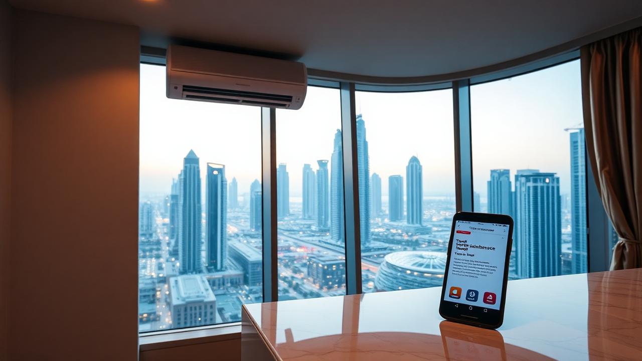 Modern Dubai apartment interior with a wall-mounted split AC unit, the Downtown Dubai skyline visible through floor-to-ceiling windows, and a smartphone on a marble counter showing a tenant maintenance request app.
