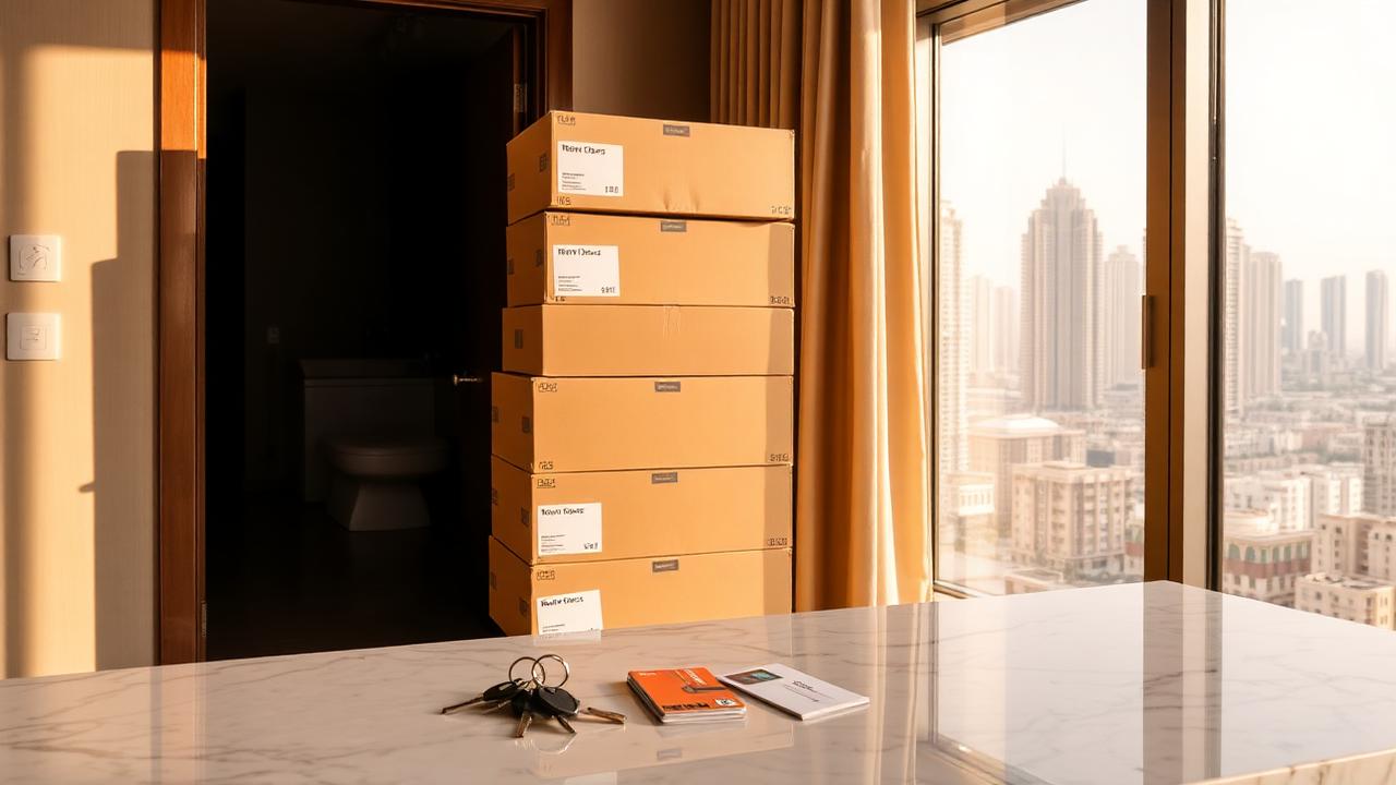A stack of labelled cardboard moving boxes near an open apartment door in Dubai, with keys and access cards on a marble console table and the Dubai skyline in soft morning light.