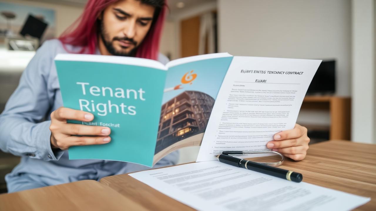 Dubai tenant reading tenant rights guide next to a signed Ejari tenancy contract in a modern apartment.