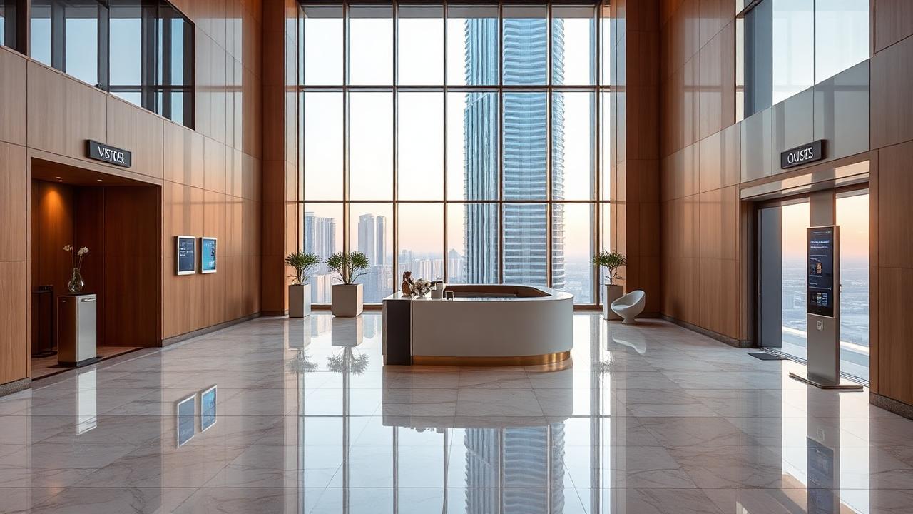 Dubai high-rise tower reception with digital visitor management system and access card issuance for residents and guests.