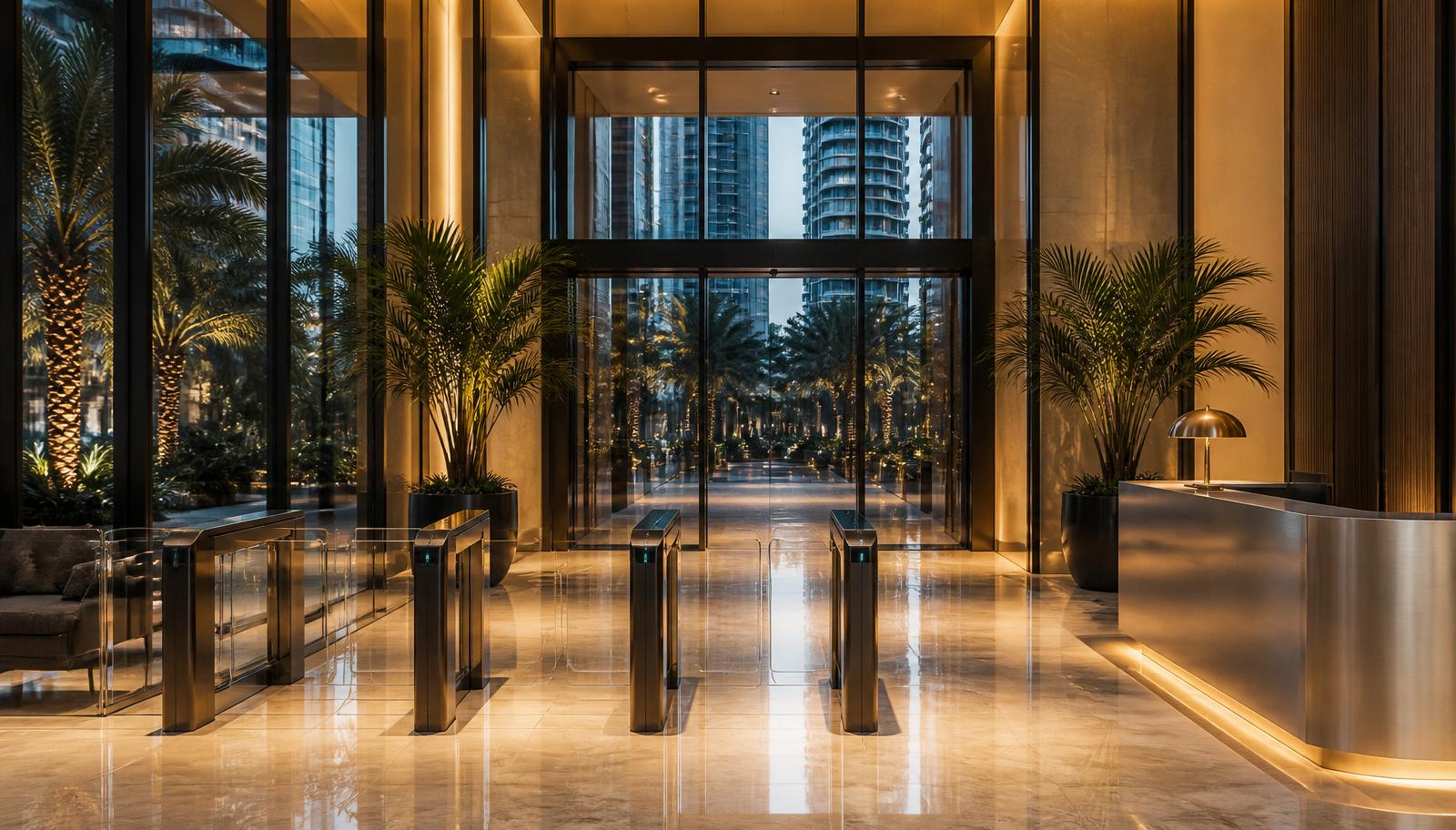 A Dubai tower reception with a visitor scanning an Emirates ID at a self-service kiosk — illustrating a visitor management features article.