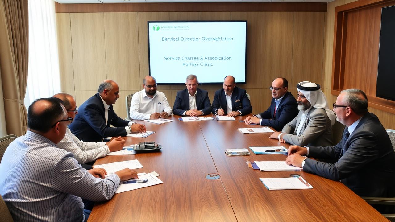 Dubai Owners Association board meeting with elected owner directors discussing service charges and building operations.
