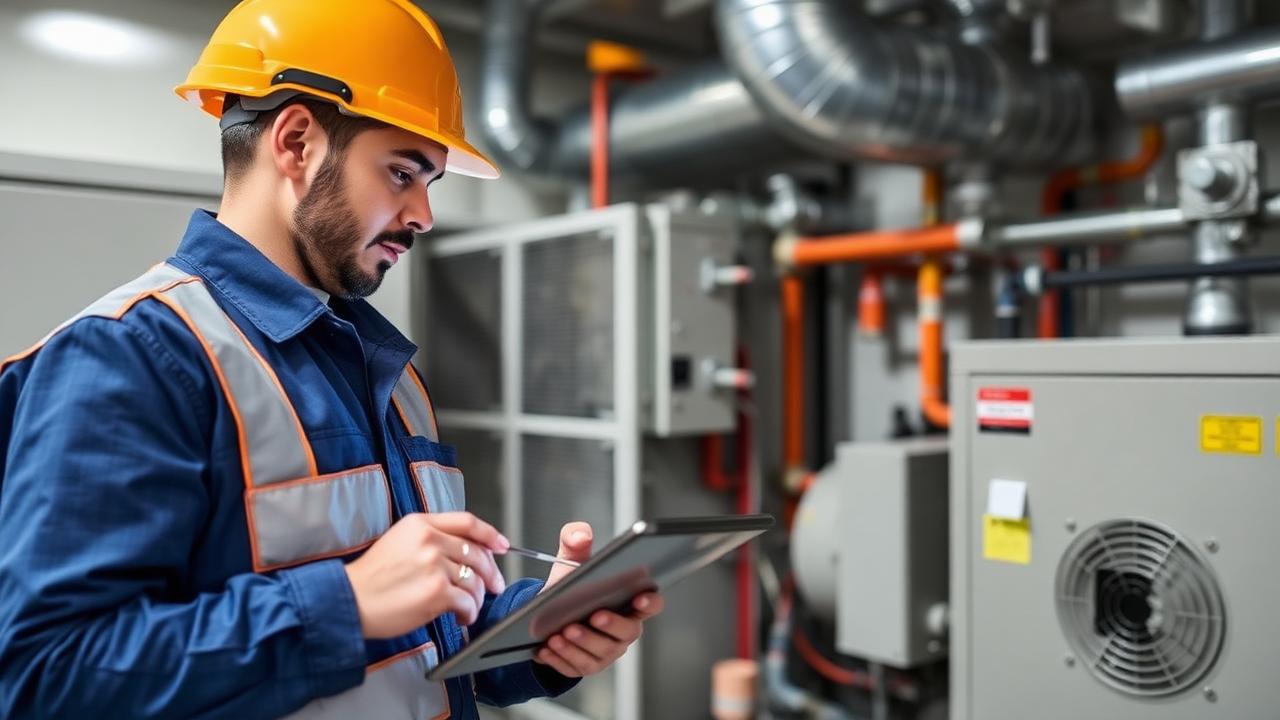 Dubai MEP technician using work order software on tablet to close a chiller maintenance job in a high-rise apartment building.